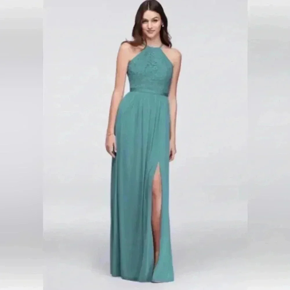 [10]Davids Bridal High Neck Laced Open Back Teal Green Bridesmaid Wedding Dresse